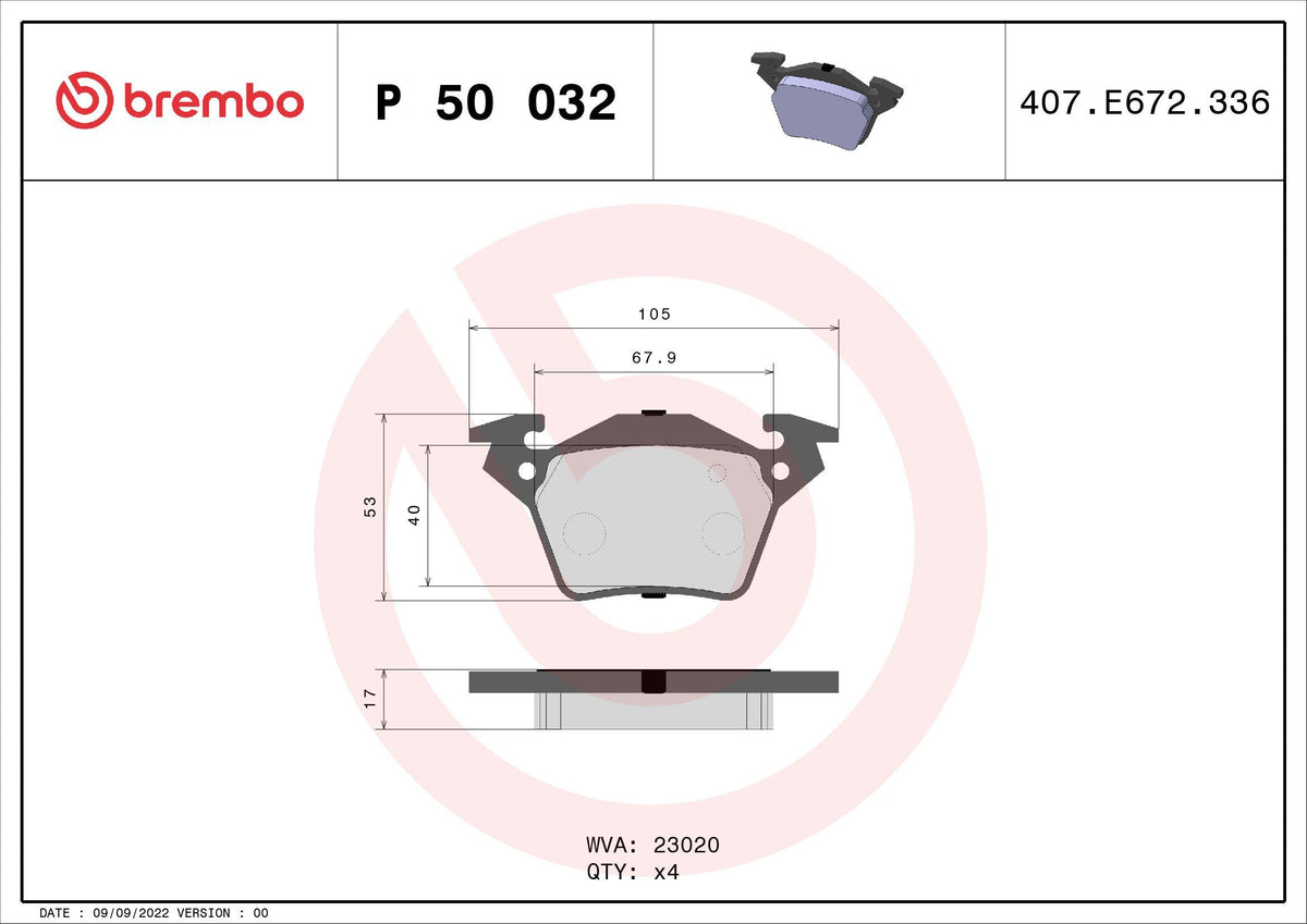 Brembo P50032 Brake Pad Rear Mercedes W638 Vito CDI 108-110-112 Ym with Bracket Wva 23020 Low-Met
