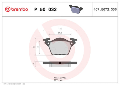 Brembo P50032 Brake Pad Rear Mercedes W638 Vito CDI 108-110-112 Ym with Bracket Wva 23020 Low-Met