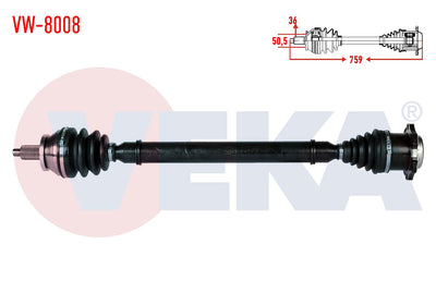 Veka VW-8008 Complete Axle Right Front Volkswagen Polo (9N_) 1.4 TDI M-T Length 759mm 2001-2012 — Axles, CV Joints & Boots