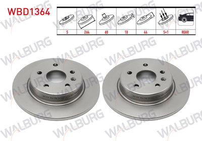 WALBURG WBD1364 Brake Disc Rear Straight 5 Bjn 264X10x60x44 5Opel Astra K 1.6 CDTi-1.6i-1.4i 15 Rim 2015-| Set of 2