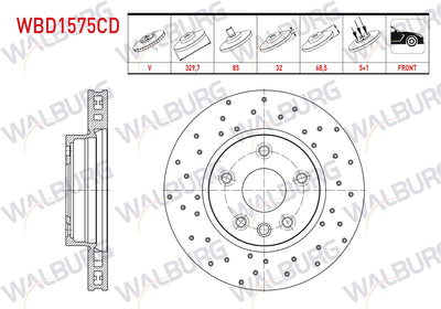 WALBURG WBD1575CD Brake Disc Front Left Air Coated Performance Drilled 5 Bjn 329,7X32x85x68 — Brake Rotors & Drums