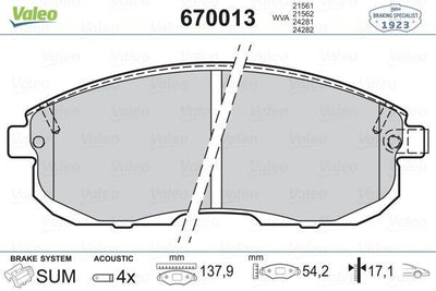 Valeo 670013 Brake Pad Front Nissan Juke 10-/Pulsar 14-/Maxima QX 94-99/Maxima 88-94 — Brake Pads