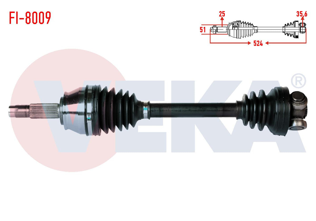 Veka FI-8009 Complete Axle Right Front Fiat Doblo (119,223) 1.3 Mjt Length 524 mm 2001-2010 — Axles, CV Joints & Boots