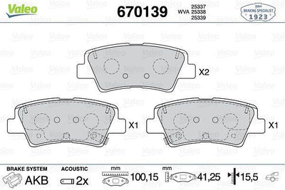 Valeo 670139 Brake Pad Rear 15-Tucson-Sportage Hyundai Accent Blue/Bayon/Elantra/i20/i30/I40/Sonata — Brake Pads