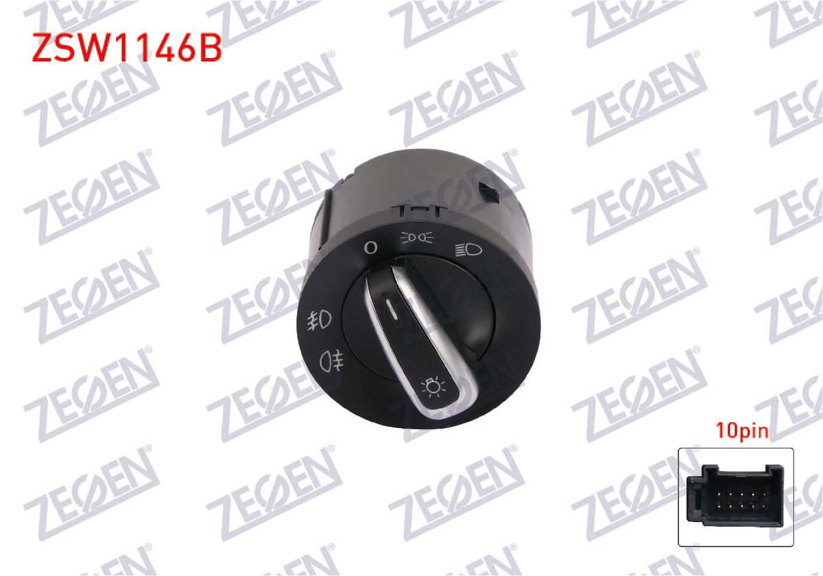 Zegen ZSW1146B Headlight Switch Chrome 10 Pin Automatic Volkswagen Caddy III-Golf V-Jetta III-Passat-Touran 2003-2010