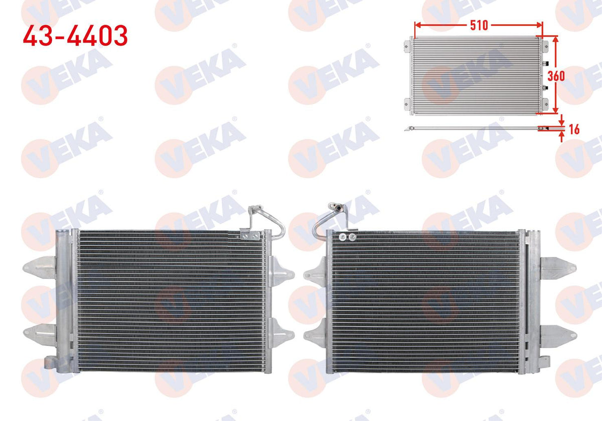 Veka 43-4403 A/C Condenser VW Polo (9N_) 1.4i-1.4 TDI-1.6i M-T 2001-2012 / Cordoba (6L2) 1.4i-1.4 TDI-1.9 TDI 2002-2009 / Ibiza (6L1) 1.2i-1.4i-1.4 TDI 2002-2009 / Fabia (6Y2) 1.2i-1.4i-1