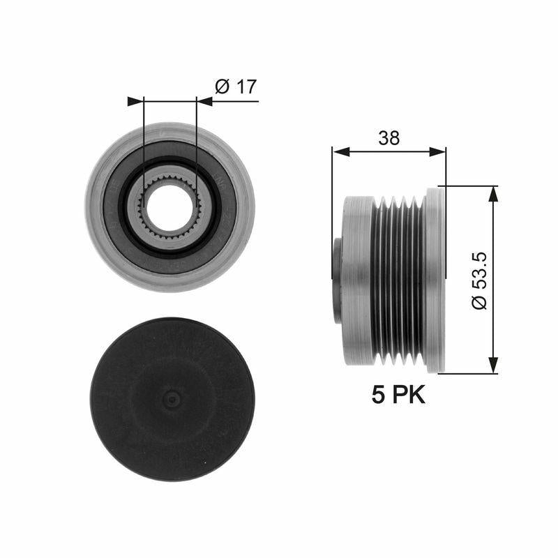 gates-oap7082-alternator-pulley-image1, gates-oap7082-alternator-pulley-image2 GATES OAP7082 Alternator Pulley - 5 Groove Design for Traffic, Laguna, Master, Vivaro, Movano | Size: 2.09 in. GATES OAP7082 Alternator Pulley | 5 Groove Design gates, alternator-pulley, car-parts, traffic, laguna, vivaro, movano, automotive-repair, mechanics-tools, ai-generated