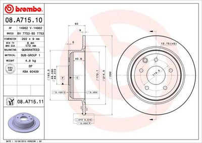 Brembo 08.A715.10 Brake Disc Rear Straight 292-5 Nissan Qashqai 07-12 Juke 11-12 — Brake Rotors & Drums