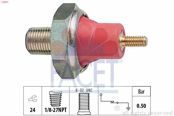 facel oil pressure switch for ford t15 t12, technical specifications of FACET oil pressure switch FACET Oil Pressure Switch 7.0031 - Original Type for Ford T15/T12 Minibus 1991 | 1/8-27 NPT FACET Oil Pressure Switch - Ford T15/T12 Models facel, oil-pressure-switch, ford-t15, ford-t12, automobile-parts, car-owners, mechanics, engine-parts, replacement-parts, ai-generated