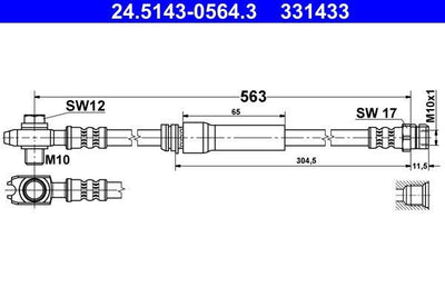 ATE 24.5143-0564.3 Brake Hose Front Golf V 04>VI 08> Jetta III 05> Caddy III 577mm — Brake Hydraulics