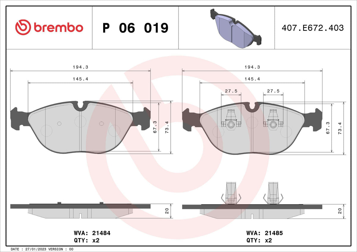 Brembo P06019 Brake Pad Front VW Golf 3.2 03-04 Passat 2.8 99-05 BMW 740D 750I Mercedes E280 E320 E350 — Brake Pads
