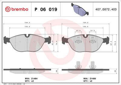 Brembo P06019 Brake Pad Front VW Golf 3.2 03-04 Passat 2.8 99-05 BMW 740D 750I Mercedes E280 E320 E350 — Brake Pads