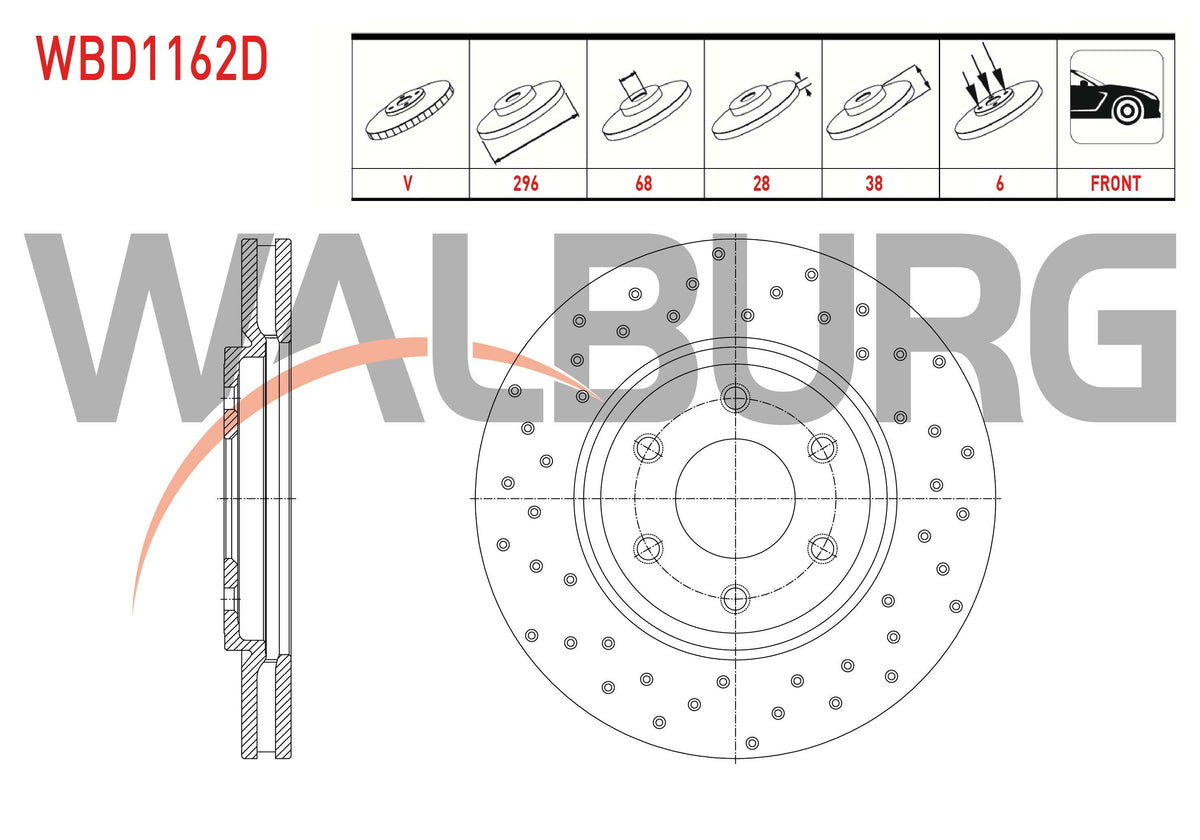 WALBURG WBD1162D Brake Disc Front Air Performance Drilled 6 Bjn 296X28x68x38 Nissan Navara (D40) 2.5 d — Brake Rotors & Drums
