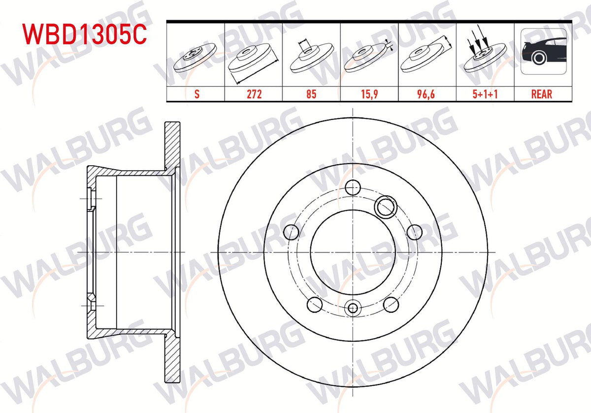 WALBURG WBD1305C Brake Disc Rear Straight Coated 5 Bjn 271, 2X15 and 3 more models — Brake Rotors & Drums