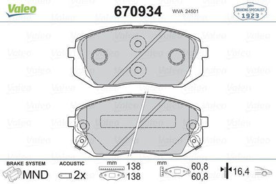 Valeo 670934 Brake Pad Front Tucson Ix35 Sonata I40 Kona Soul Carens Sportage 10-15 — Brake Pads