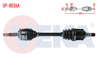 Veka OP-8036A Complete Axle Left Front Opel Meriva A 1.6 Abslı 29 Outer Length 590mm 2003-2010 — Axles, CV Joints & Boots