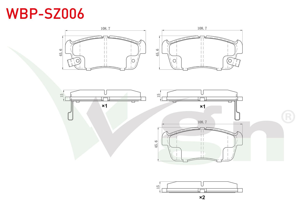 WGN WBP-SZ006 Brake Pad Front with Wear Indicator Suzuki Super Carry 1.3i 1985-1999 / Daihatsu Copen 1.3 2003-/ Yrv (M2) 1.3i Cx 2001-/ Sirion (M3) 1.3 2005-/ Sirion (M3) 1.0 2005