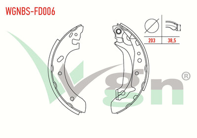WGN WGNBS-FD006 Brake Shoe Rear Ford Escort VII 1.3 Wide Type with Lever 203X38,5mm 1995-1999 / Escort VII 1.4 1995-1999 / Escort VII 1.6 16V 1995-1999 / Escort VII 1.8 TD 1995-1999 / Es