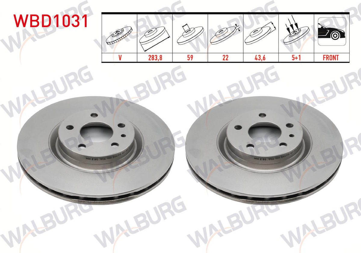 WALBURG WBD1031 Brake Disc Front Air 5 Bjn 283,8X22x59x43,6 Fiat Doblo 1.3 Mjt-1.6 Mjt 2010-/ Fiorino 1.3 Mjt Euro 5 2013-/ Alfa Romeo 147 1.6 2001-2010 / Opel Combo D 1.6 CDTi 2012-| 2 Pieces