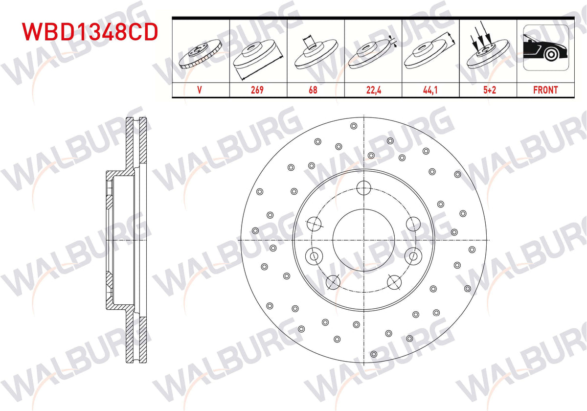WALBURG WBD1348CD Brake Disc Front Air Coated Performance Drilled 5 Bjn 269X22.4X68x44 — Brake Rotors & Drums