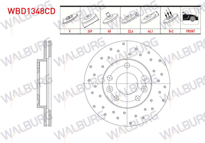 WALBURG WBD1348CD Brake Disc Front Air Coated Performance Drilled 5 Bjn 269X22.4X68x44 — Brake Rotors & Drums