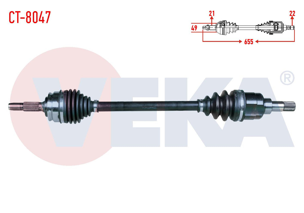 Veka CT-8047 Complete Axle Left Front Citroen C3 II 1.4 HDi M-T 21X22x49 Length 655mm 2009-2016 — Axles, CV Joints & Boots