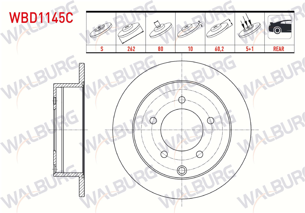 WALBURG WBD1145C Brake Disc Rear Straight Coated 5 Bjn 262X10x80x60 — Brake Rotors & Drums