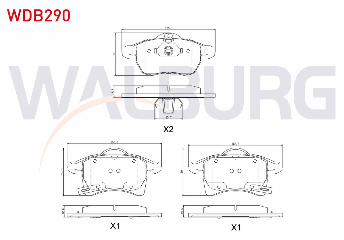 WALBURG WDB290 Brake Pad Front with Wear Indicator Opel Zafira A 1.6 16V 1999-2005 / Zafira A 1.8 16V 1999-2005 — Brake Pads