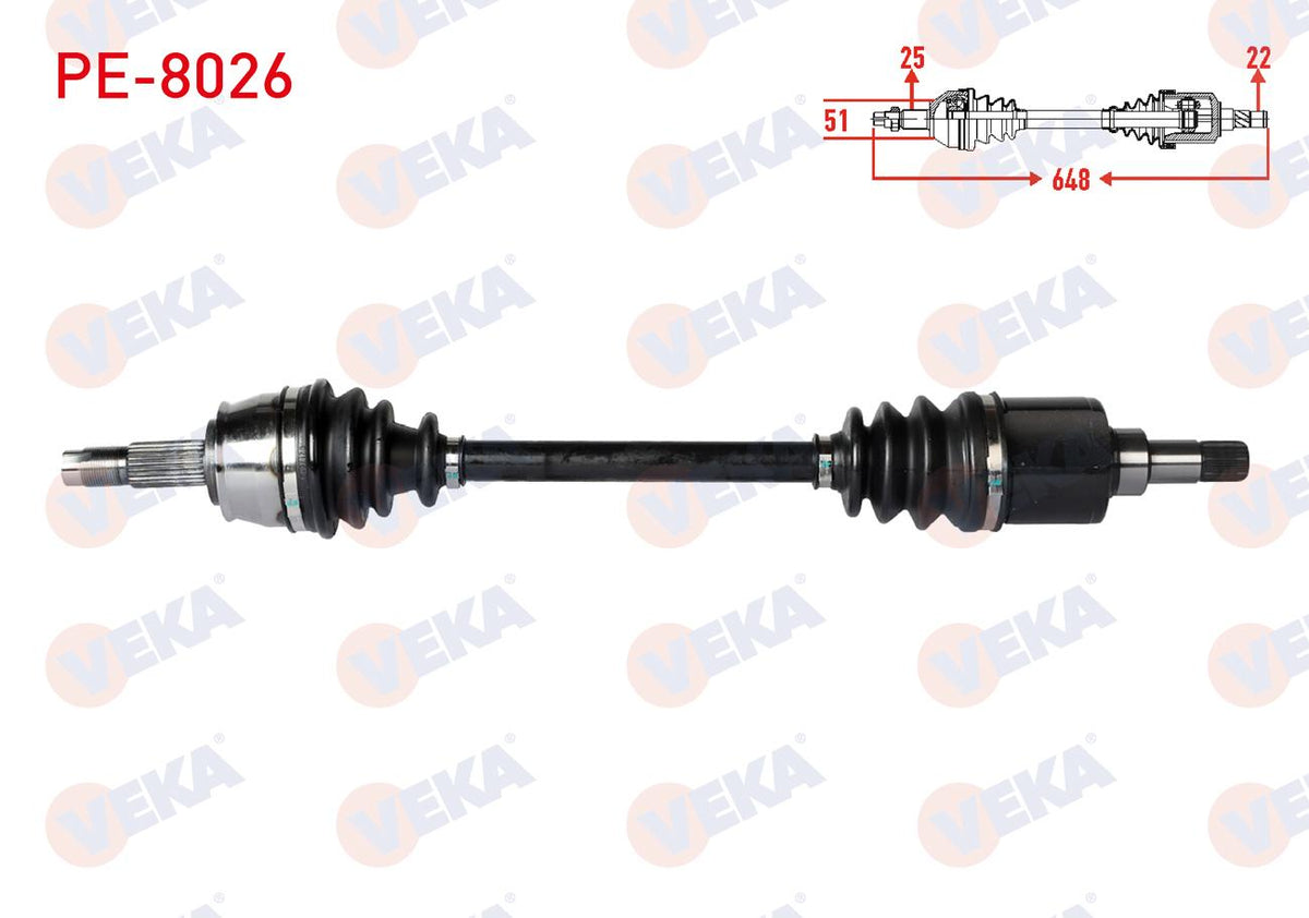 Veka PE-8026 Complete Axle Left Front Peugeot Bipper (Aa) 1.4 HDi Length 648mm 2008 — Axles, CV Joints & Boots
