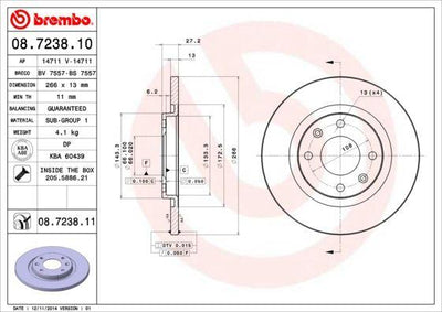 Brembo 08.7238.11 Brake Disc Front (Peugeot Partner-301 / Citroen Berlingo 1.2 1.6 HDi 1.6 16V) — Brake Rotors & Drums