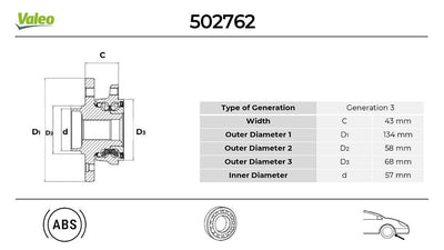 Valeo 502762 Wheel Bearing Front (Wheel Hub) Fortwo Cabrio (451) 07 > Fortwo Coupe (451) 07 > — Wheel Bearings