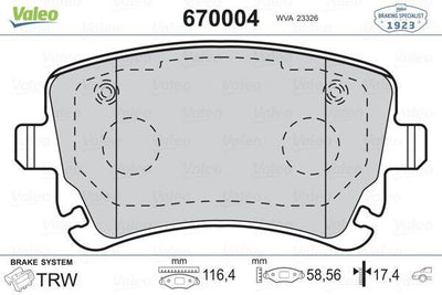 Valeo 670004 Rear Brake Pad VW Transporter T5/T6 1.9/2.0/2.5 TDI; Audi A4/A6/A8 — Brake Pads