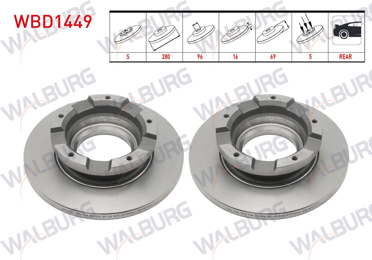 WALBURG WBD1449 Brake Disc Rear Straight 5 Bjn ABS li 280X16x96x69 Ford Transit (V347)-(V348) 2.2 TDCi — Brake Rotors & Drums