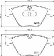 hella pagid brake pads for bmw, technical specifications of brake pads, close up of bmw brake pads Hella Pagid Brake Pads - High-Performance for BMW E90-E93 | 155.1 mm Width Hella Pagid Brake Pads for BMW E90-E93 hella-pagid, brake-pads, bmw-e90, car-accessories, auto-repair, braking-system, car-owners, bmw-enthusiasts, ai-generated, performance-parts