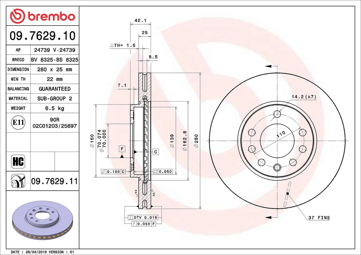 Brembo 09.7629.11 Brake Disc Front Air 5 Lug 280mm Opel Astra G 1.8/2.0 99-05 — Brake Rotors & Drums