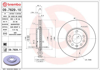 Brembo 09.7629.11 Brake Disc Front Air 5 Lug 280mm Opel Astra G 1.8/2.0 99-05 — Brake Rotors & Drums