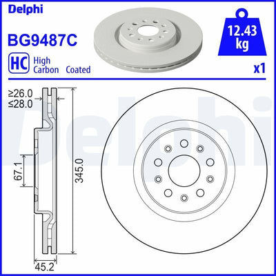 Delphi BG9487C Brake Disc (Single Pack) Painted Front Maserati Ghibli III Quattroporte VI