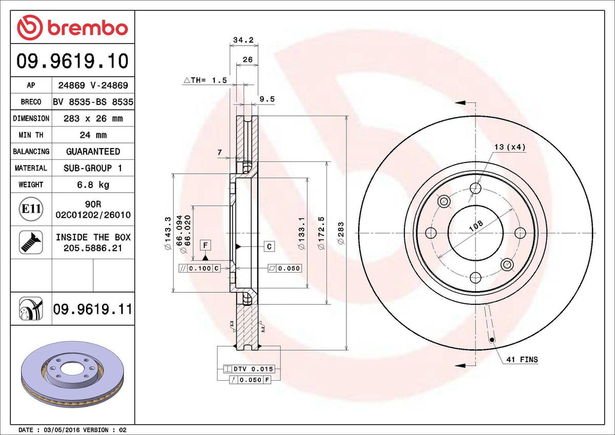 Brembo 09.9619.11 Brake Disc Front UV Coated Opel — Brake Rotors & Drums