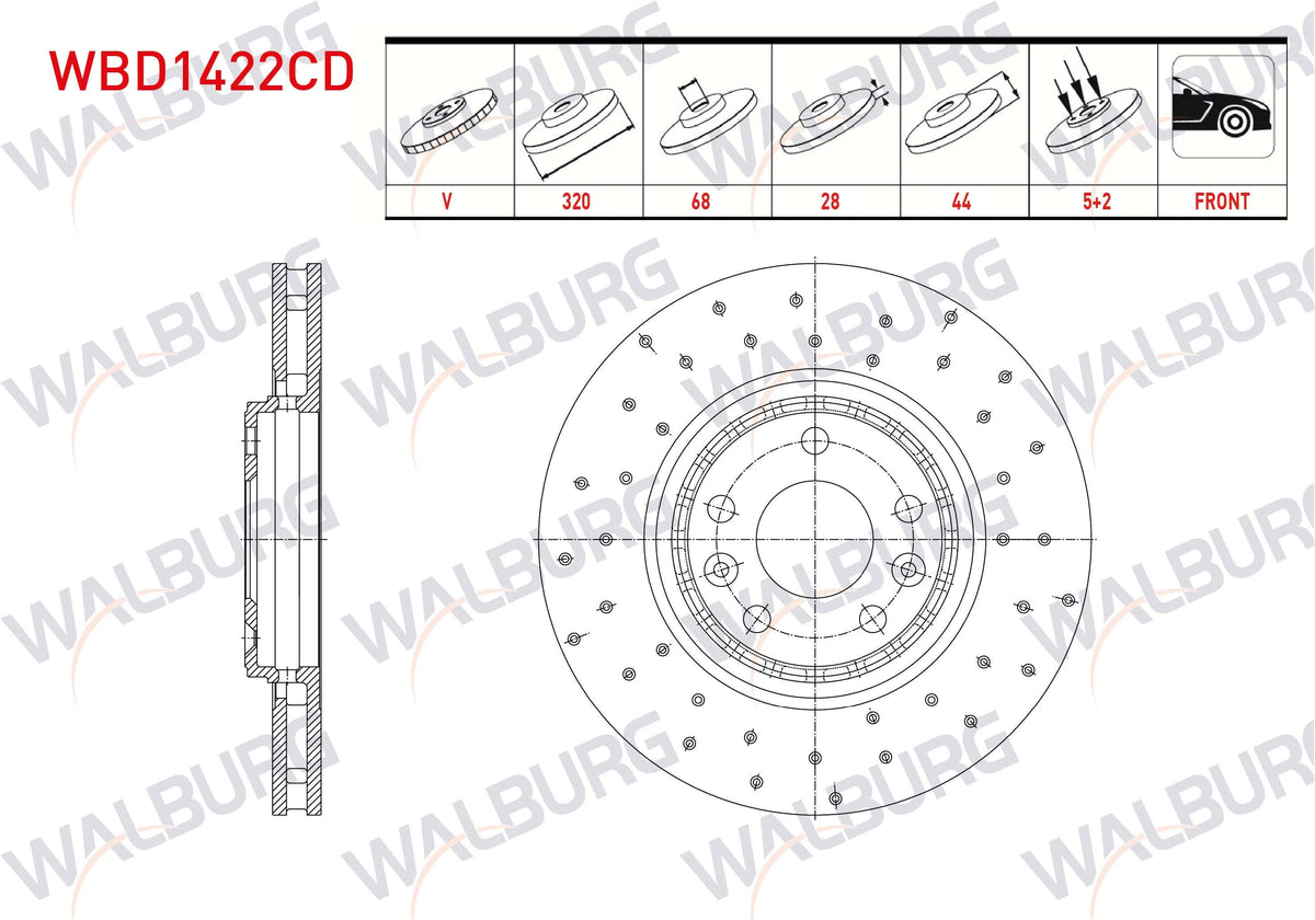 WALBURG WBD1422CD Brake Disc Front Air Coated Performance Drilled 5 Bjn 320X28x68x44 Renault Megane IV — Brake Rotors & Drums