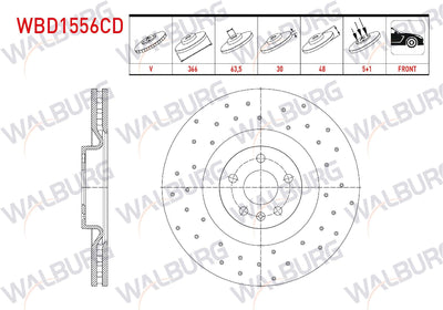 WALBURG WBD1556CD Brake Disc Front Air Coated Performance Drilled 5 Bjn 19 Rim 366X30x63,5X48 Volvo Xc60 D3-D4-D5-2.4 D 2008-| Set of 2