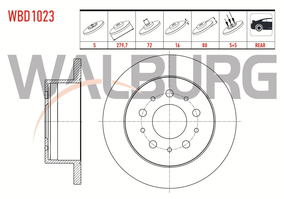 WALBURG WBD1023 Brake Disc Rear Straight 5 Bjn 15 Rim 279,7X16x72x80 Fiat Ducato 2.3 Mjt 2006-2014 / Ducato 3.0 Mjt 2006-2014 / Peugeot Boxer III 2.2 HDi 2006-2014 / Citroen Jumper III 2.2 HDi 2