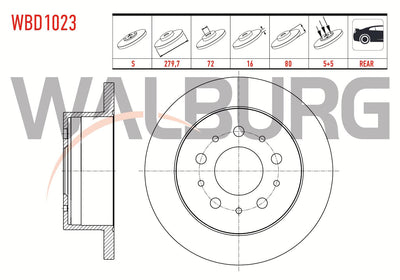 WALBURG WBD1023 Brake Disc Rear Straight 5 Bjn 15 Rim 279,7X16x72x80 Fiat Ducato 2.3 Mjt 2006-2014 / Ducato 3.0 Mjt 2006-2014 / Peugeot Boxer III 2.2 HDi 2006-2014 / Citroen Jumper III 2.2 HDi 2
