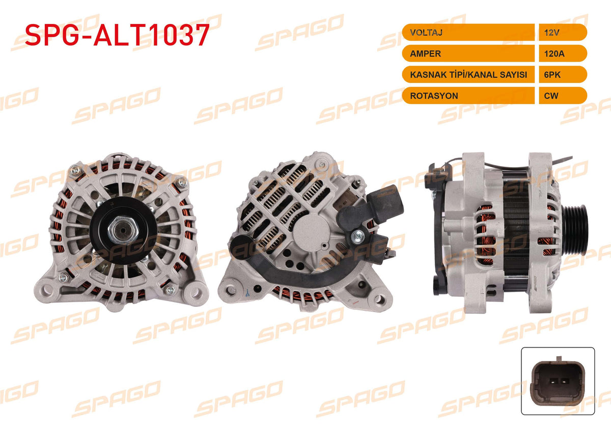 SPAGO SPG-ALT1037 Alternator 12V 120A 6Pk (Alt537) Partner 1.9 D 96-15-307 00-12 / Berlingo 1.9 D 99-11 — Starting & Charging