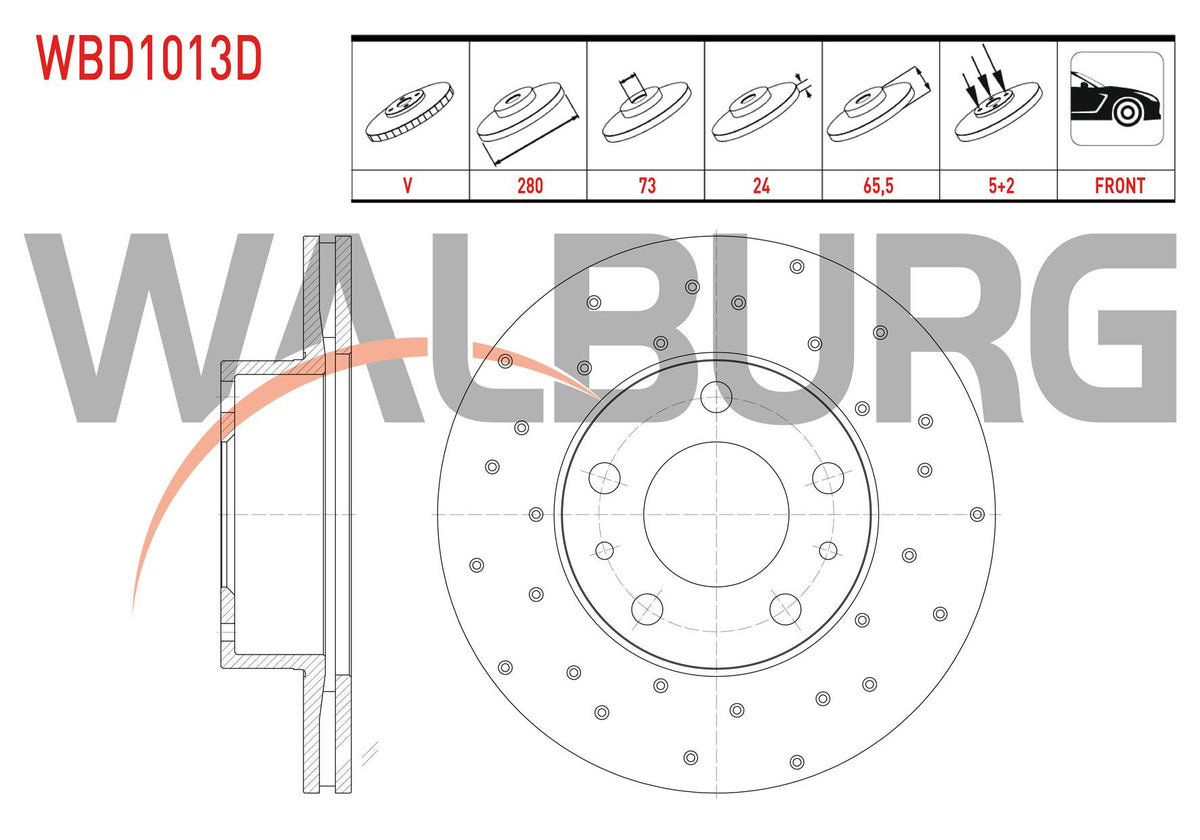WALBURG WBD1013D Brake Disc Front Air Performance Drilled 5 Bjn 280X24x73x65 — Brake Rotors & Drums