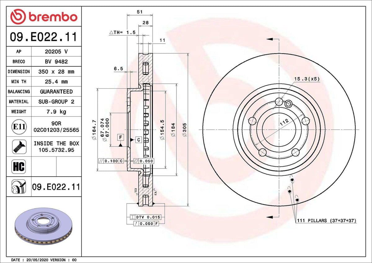 Brembo 09.E022.11 Brake Disc Front W118 W177 W247 — Brake Rotors & Drums