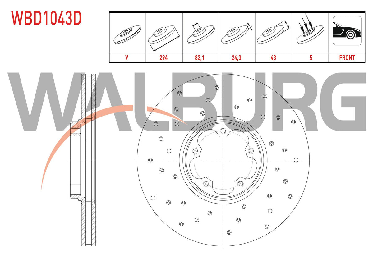WALBURG WBD1043D Brake Disc Front Air Performance Drilled 5 Bjn 294X24,3X82,1X43 Ford Transit 2.4 TDCi Rear Wheel Drive 2000-2006 / Transit 2.0 DI 2000-2006 / Transit (V184) 2.3 16V 2000-2006 /