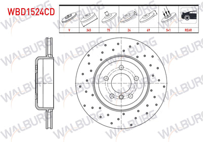 WALBURG WBD1524CD Brake Disc Rear Air Coated Performance Drilled BMW 5 Series (F10) 535 D 5 Bjn 345X24 — Brake Rotors & Drums
