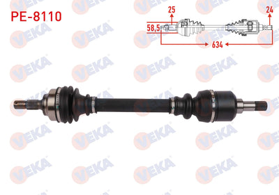 Veka PE-8110 Complete Axle Left Front Length 634mm Peugeot 207 06-12 / 208 1.6 HDi 13-19 / 308 09 — Axles, CV Joints & Boots