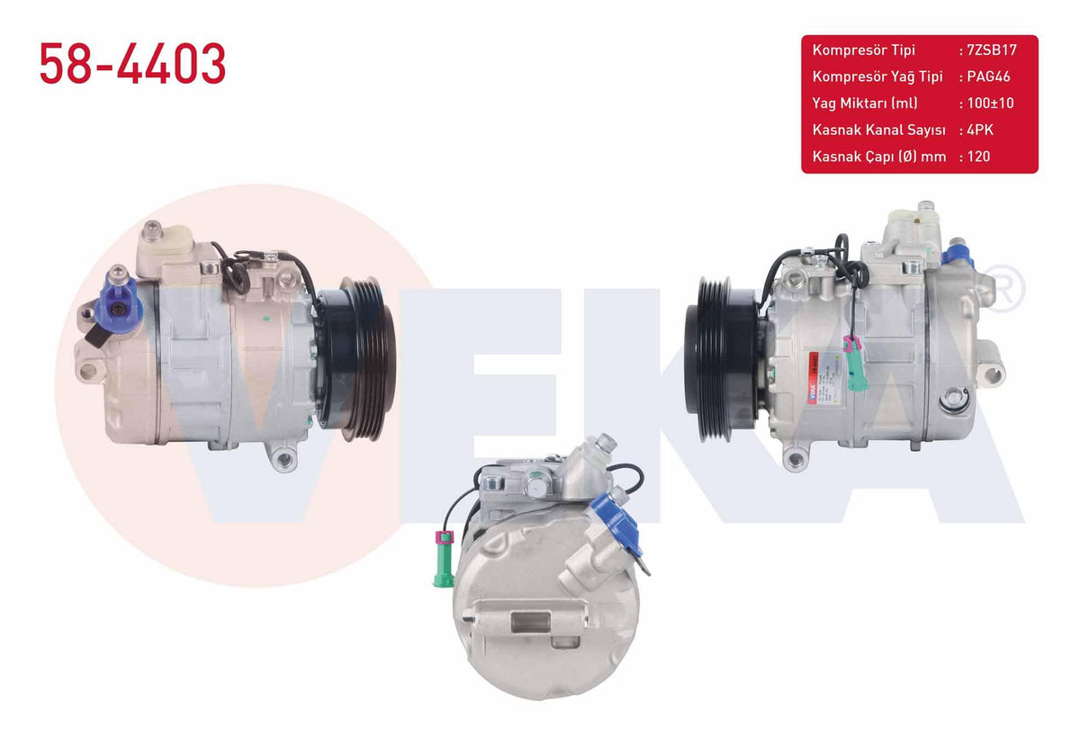 Veka 58-4403 A/C Compressor 4Pk 120mm Audi A4 1.6 1994-2001 / A6 1.9 TDI 1997-2004 / Skoda Superb 1.9 TDI 2002-2010 / Volkswa