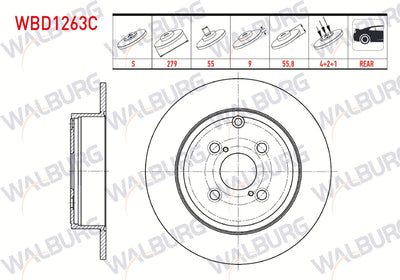 WALBURG WBD1263C Brake Disc Rear Straight Coated 4 Bjn 279X9x55x55 — Brake Rotors & Drums
